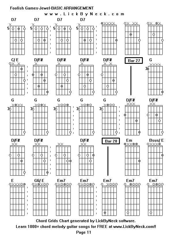 Chord Grids Chart of chord melody fingerstyle guitar song-Foolish Games-Jewel-BASIC ARRANGEMENT,generated by LickByNeck software.